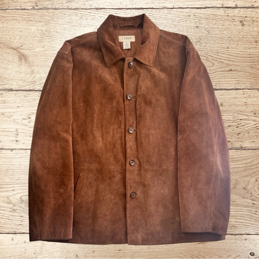 J. Crew Men's Brown Suede Leather Jacket Chore Coat XL 90s Vintage Old Money EUC